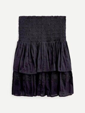 J.Crew Smocked Tiered Ruffle Mini Skirt Black Embroidered Eyelet Swiss Dot Size